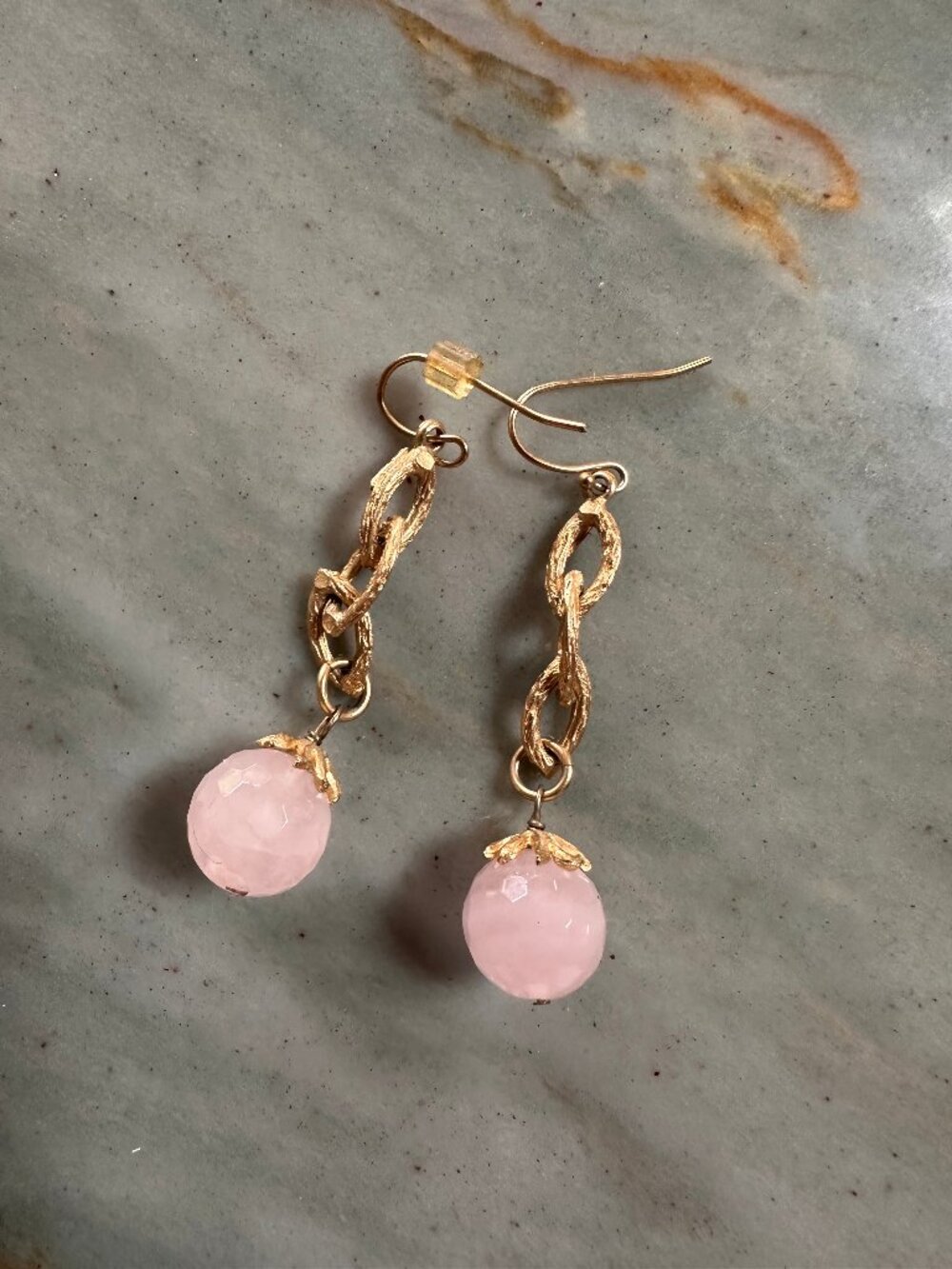 Rose Quartz Gold Dangle Earrings Hammered Twig Boho